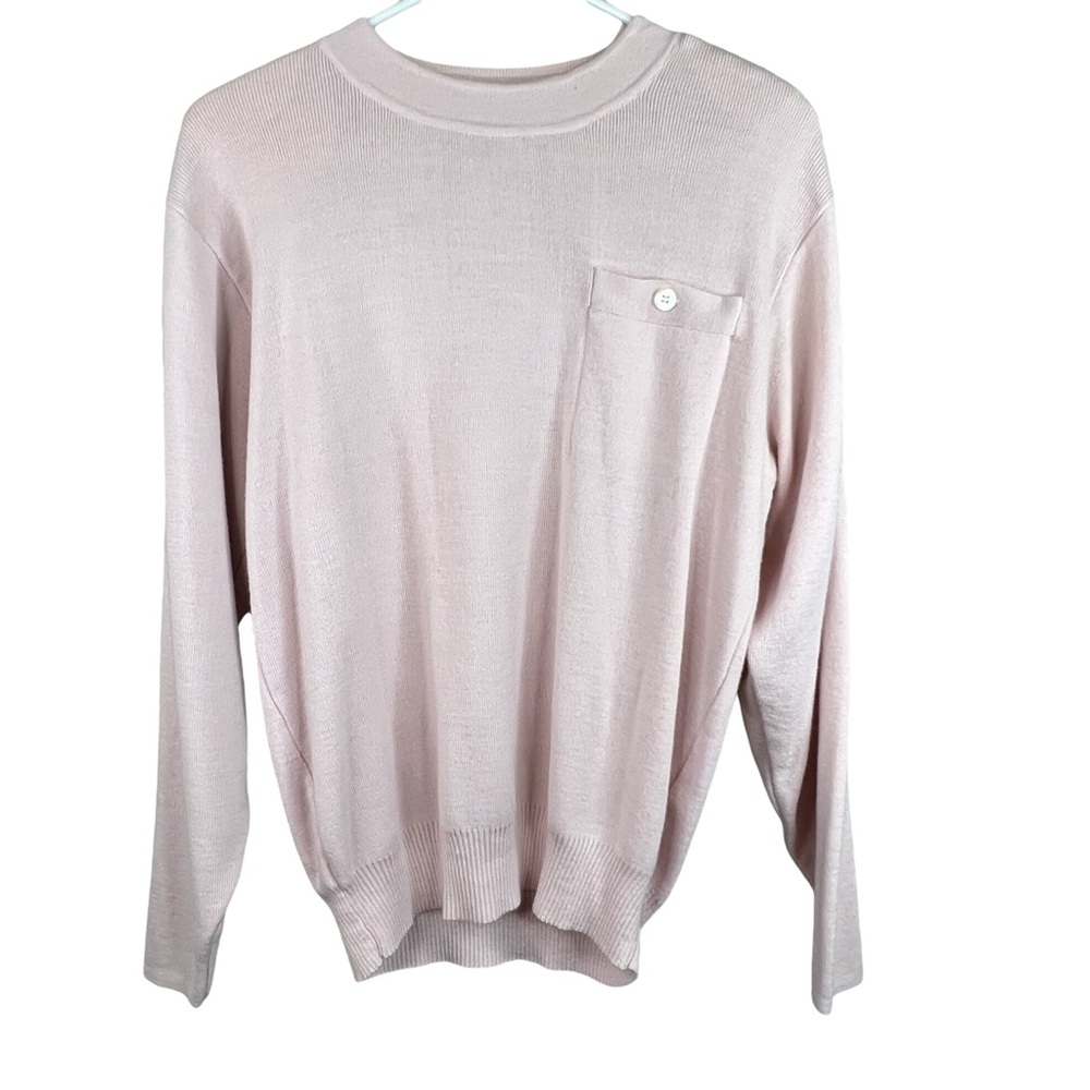 Chaus Size Medium Pink Long Sleeve Crewneck Sweater Button Shoulder Pads Stretch